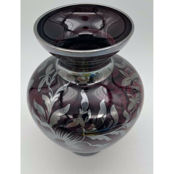 Vtg. Mid Century Murano Vase Ruby Red Glass with Silver Overlay - Picture 2 of 4